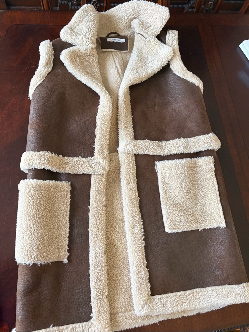 JustFab Brown Teddy Shearling-Trim 4 in 1 Coat with Cream Accents - Picture 5 of 8